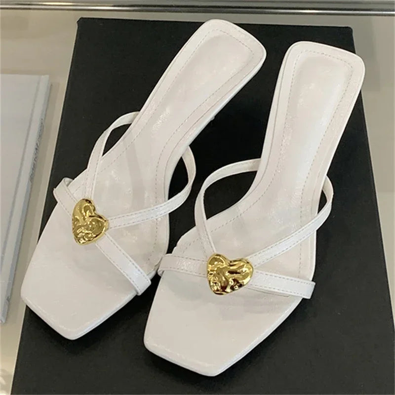 xajzpa Summer Fashion Square Toe Women Slippers Narrow Band Sandals Thin Low Heels Party Female Slide Shoes Zapatos De Mujer