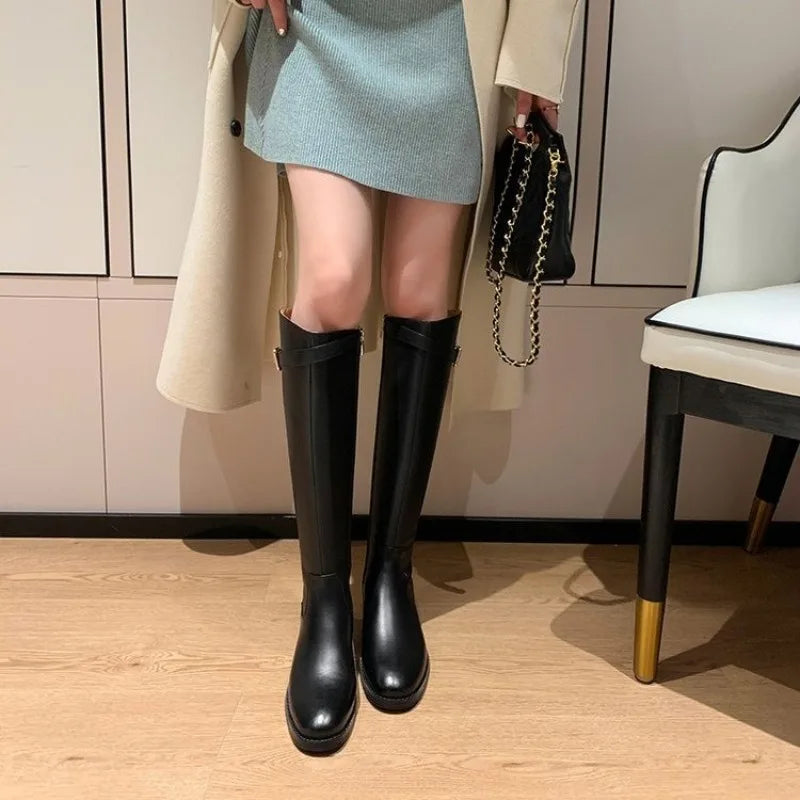 Xajzpa New Women's Black Elegant with Low Heels Shoes Long Brown Boots Winter Knee High Shaft Stylish Lastest Price Goth