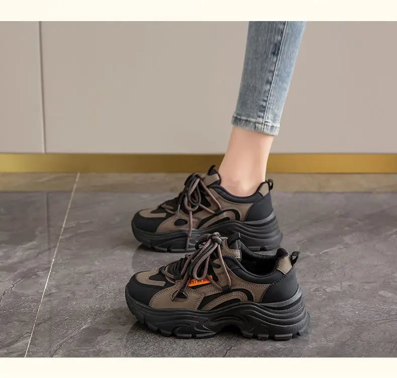 Xajzpa Women's Leather Dad Shoes Spring Autumn Lightweight Cotton Breathable Comfortable Casual Sports Sneakers