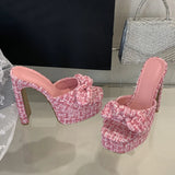 Xajzpa Fashion Pink Cloth Bowknot Designer Sandal Square Toe Super High Heels Platform Slippers Women Summer Party Banquet Shoes