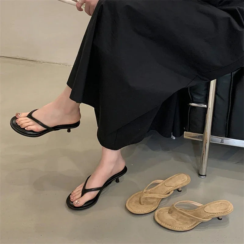 xajzpa Summer Fashion Thin Low Heels Slippers Women Round Clip Toe Beach Casual Sandals Flip Flops Shoes Zapatos De Mujer