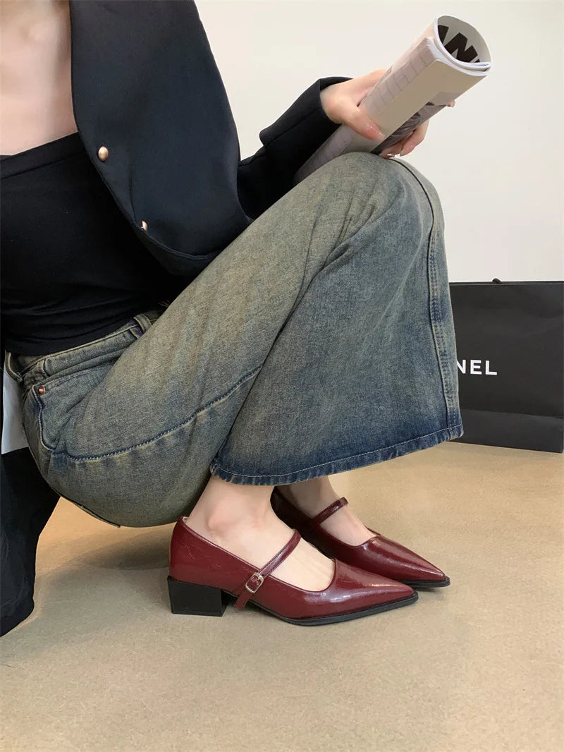 Xajzpa Retro Style Thick Heel Spring and Autumn Women Mary Jane Shoes Fashion Shallow Pointed Toe Ladies Comfort Office Pumps Footwear
