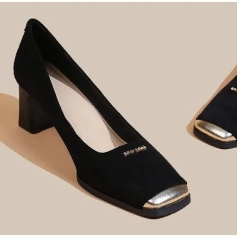 Xajzpa New Style Women's Fashion Leopard Print Buckle Women's Pumps Square Toe Stripper Party Concise Splice Ladies Shoes Zapatos Mujer