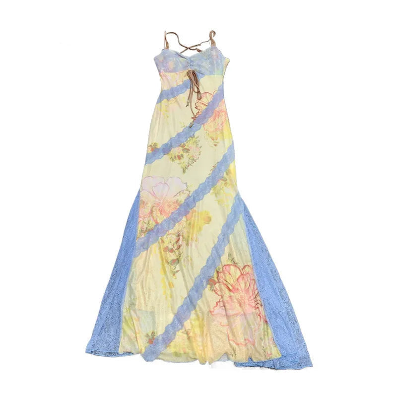 Xajzpa Fashion Printed Patchwork Dress Women's Camisole Stretch Lace Fishtail Dresses 2025 Summer New Tide