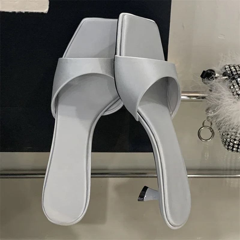 Xajzpa Summer Silk Square Toe Slippers Women Fashion Buckle Strap Stiletto Low Heels Beach Sandals Slide Shoes Zapatos De Mujer