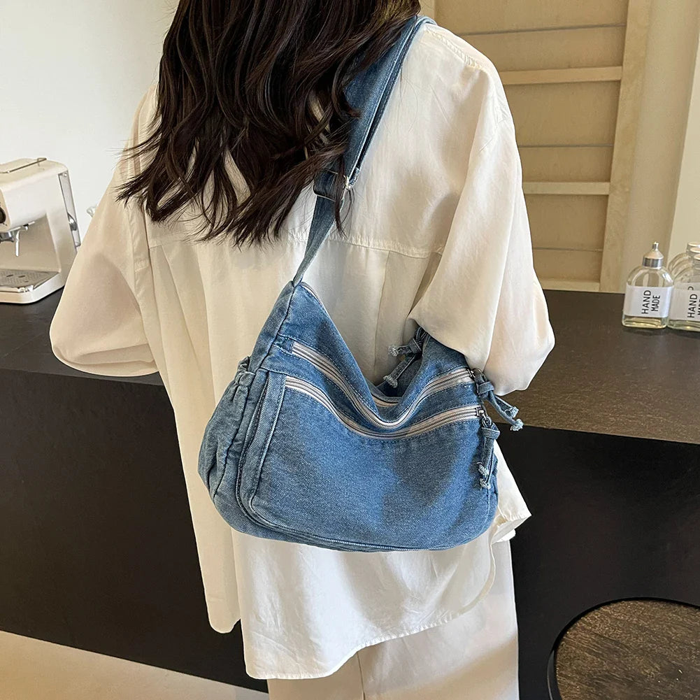 Xajzpa  Women Casual Satchel Bag Large Capacity Denim Vintage Messenger Bag Adjustable Strap Daily Tote Bag Multifunction Chic Hobo Bag