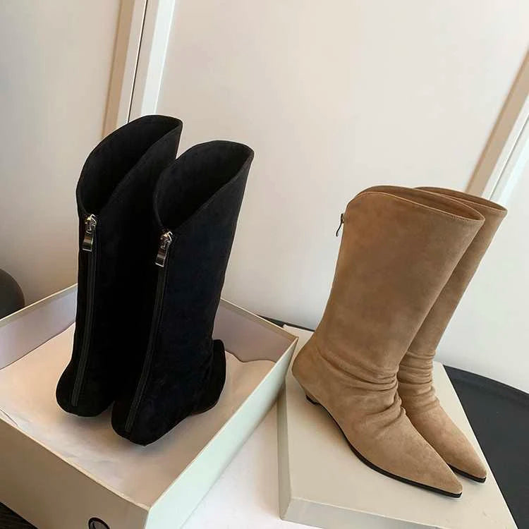 Xajzpa New Style Luxury Women's Flats Women's Boots Pointed Toe Designer Mid Calf Shoes Winter Fad Boots Trend Gladiator Walking Boots