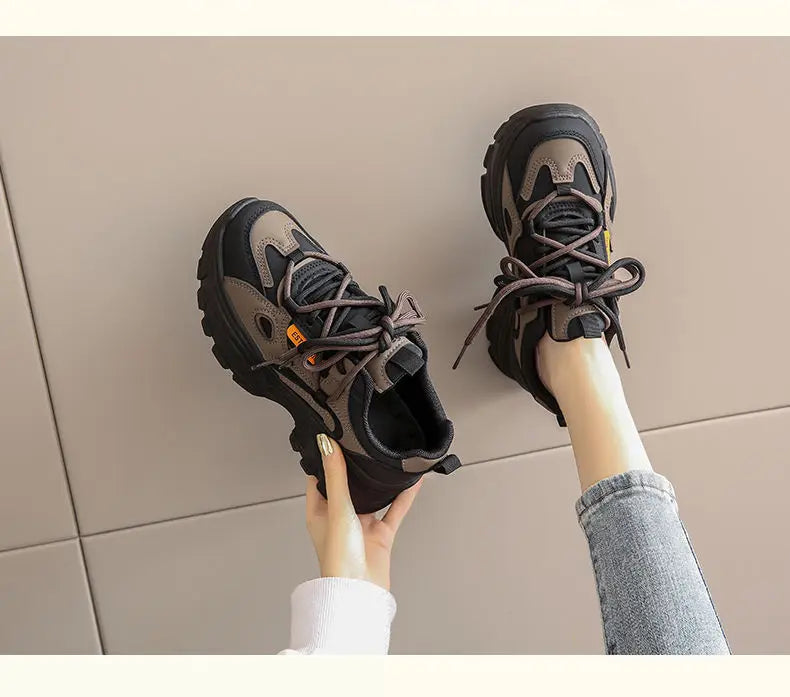 Xajzpa Women's Leather Dad Shoes Spring Autumn Lightweight Cotton Breathable Comfortable Casual Sports Sneakers