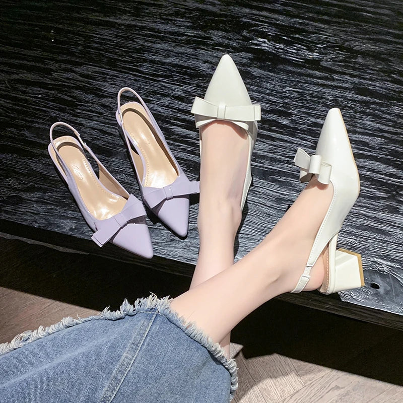 Xajzpa New Women's High Heels Sandals Butterfly-knot Design Footwear Chic Pointed Patent Leather Beige Elegant Female Wedding Shoes