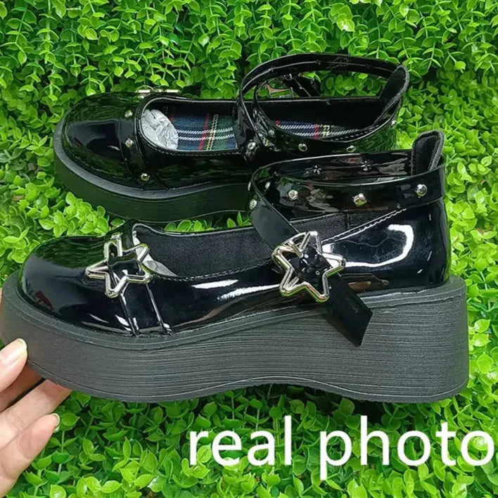 Xajzpa  Shoes Lolita shoes Women heels platform mary janes Star Buckle Strap Mary Janes Women Cross-tied Girls Rivet Casual kawaii shoes