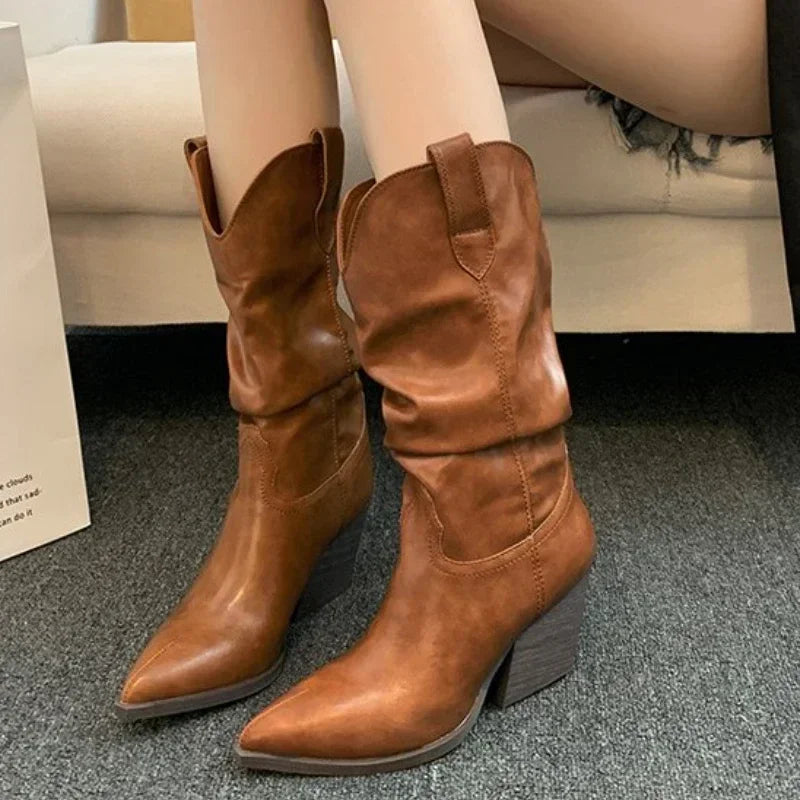 Xajzpa Female Western Boots Cowboy Boots Women Plested Women Ankle  Pu Leather Shoes Autumn Boots Women Booties Lady Plus Size 42