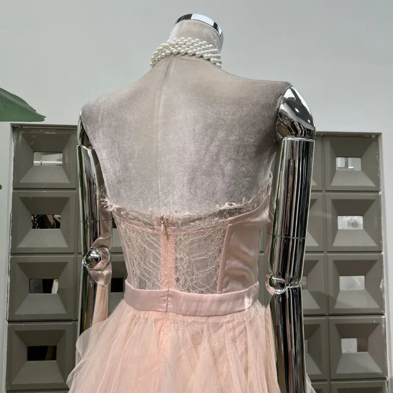 Xajzpa Fashion Lace Mesh Dress Women's Strapless Fake Two Pieces Waist Retraction Dresses 2025 Summer New Tide