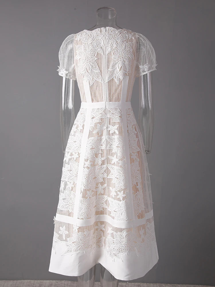 Xajzpa Fashion Women Dress Short Sleeve Round Neck Lace Patchwork Female Elegant Dresses New Tide