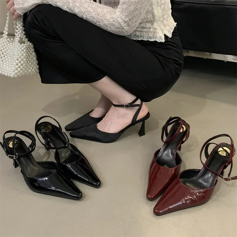 Xajzpa Spring Designer Narrow Band Women Pumps Sexy Ankle Buckle Strap Pointed Toe Thin Low Heels Dress Slingbacks Mule Shoes