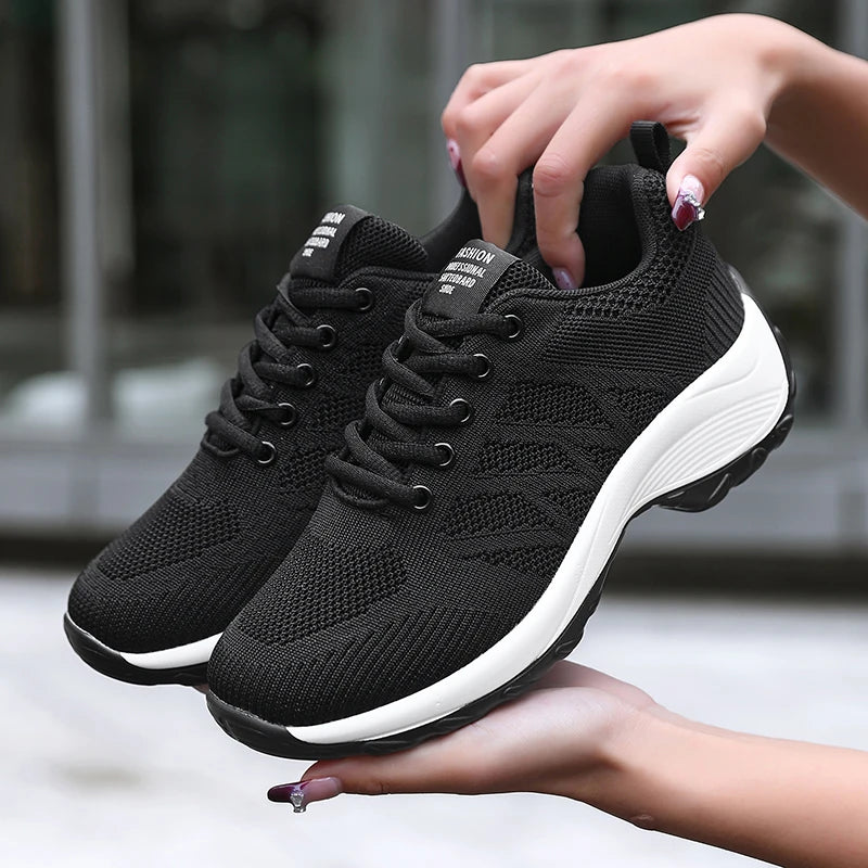 Xajzpa Women's Casual Shoes Breathable Walking Mesh Fabric Lace Up Flat Sports Shoes Women's Tenis Feminino Black Hiking Running Shoes
