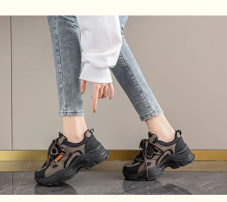 Xajzpa Women's Leather Dad Shoes Spring Autumn Lightweight Cotton Breathable Comfortable Casual Sports Sneakers
