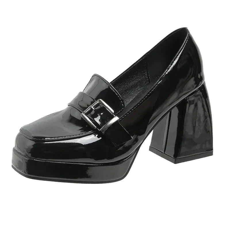 Xajzpa Heels Lolita Shoes Chunky Platform Shoes Loafers Heel Patent Leather Slip On Casual Shoes Women Lady Office Shoes Black Heels