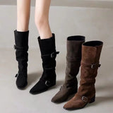 Xajzpa New Square Heels Knee High Boots Women Pointed Toe Runway Shoes Woman Suede Leather Metal Buckle Long Western Cowboy Boots Woman