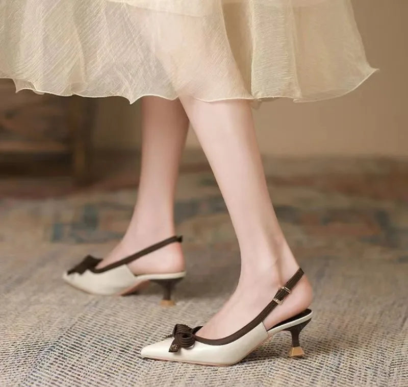 Xajzpa Elegant bow thin heel pointed toe shallow mouth single shoe color blocked simple casual fashionable women's shoes
