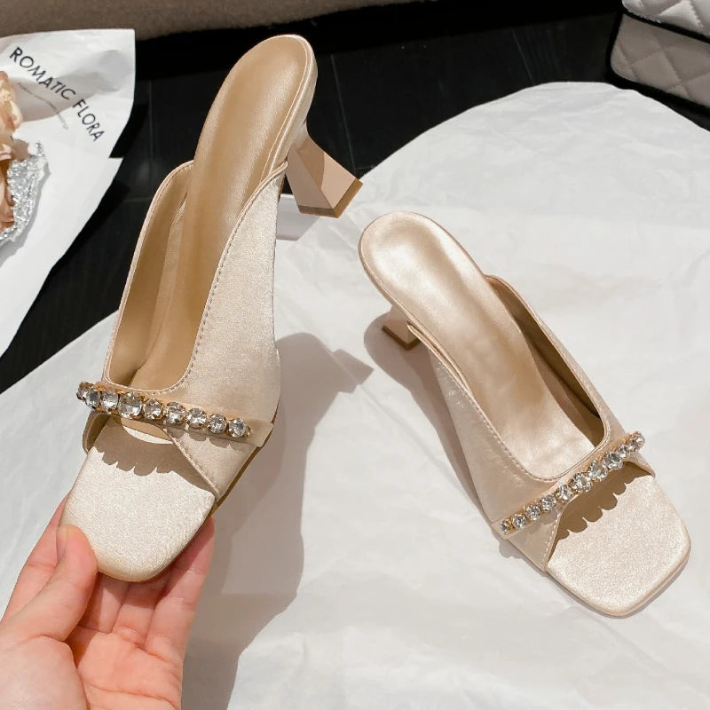 Xajzpa Elegant Satin Slippers for Women Luxury Rhinestone Chain Square Toe Slide Sandals Summer Sexy Open Toe Party Shoe Designer Shoes