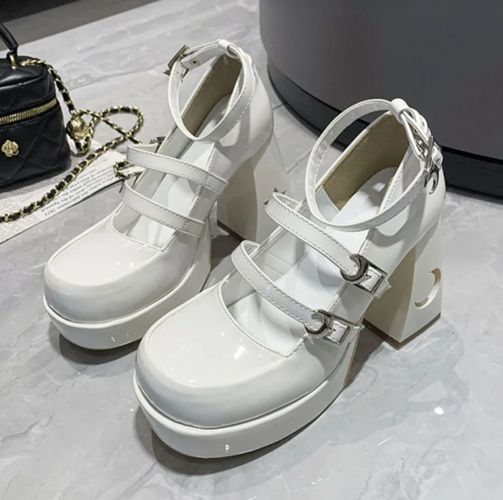 Xajzpa Pumps Lolita Shoes Platform Mary Jane Shoes Star Buckle Strap Women Cross-tied Pu Leather Girls Rivet Casual Shoes Kawaii