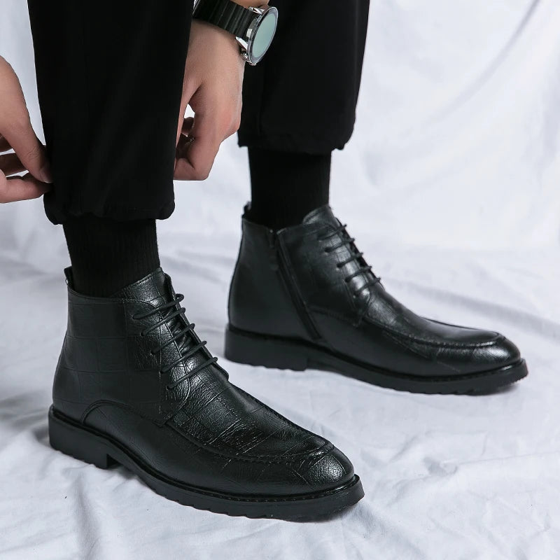 Xajzpa New Men's Trendy Boots Lace up Black Dress Fashionable Breathable Ankle Boots Leather Boots Casual Sports Shoes
