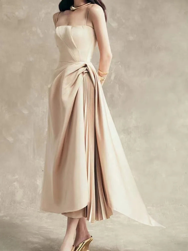 Xajzpa Fashion Solid Color Folds Dress Women's Irregular Suspender Waist Cinching Dresses 2025 Summer New Tide