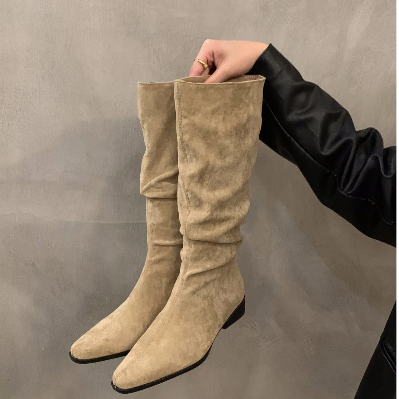 Xajzpa  Women Knee High Boots Autumn Winter Female Shoes Fashion Female Slip-on Folds Low Heel Pointed Toe Long Boots Botas De Mujer