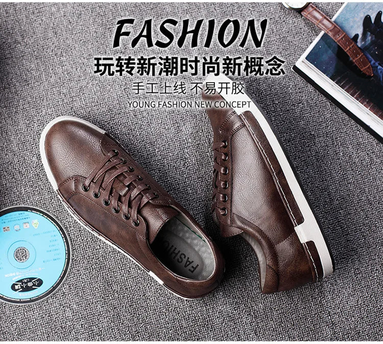 Xajzpa Men's Casual Leather Shoes for Men Fashion Four Seasons Breathable Lace-up Athletic Shoes Shallow Skate Shoes Large Sizes 38-48