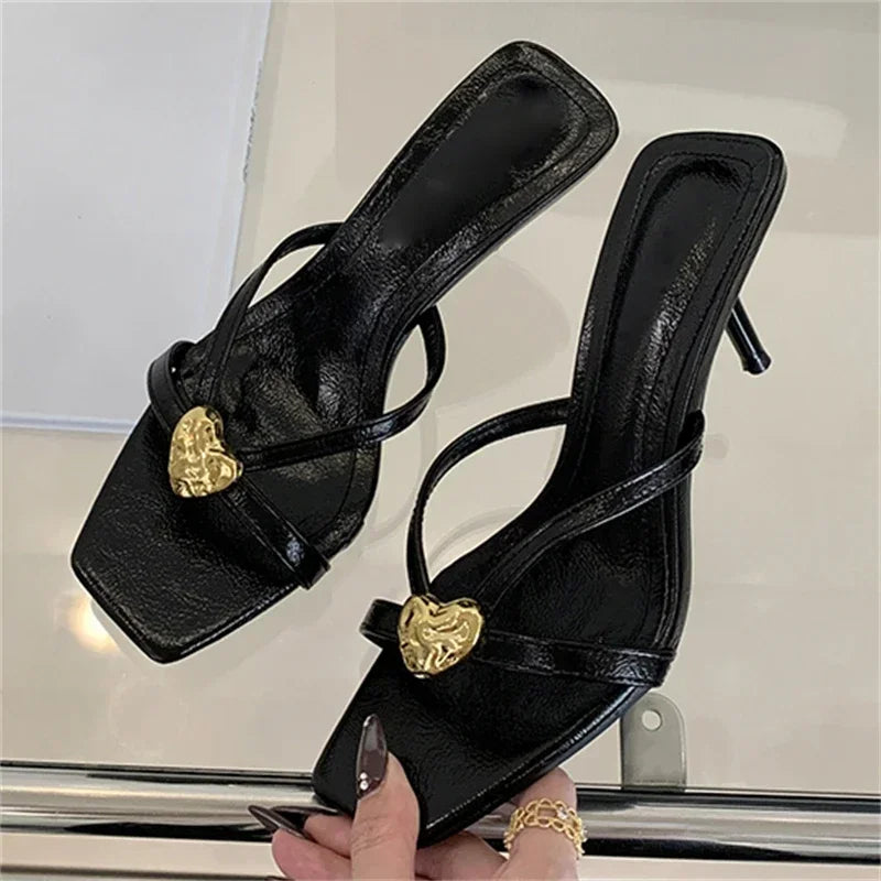 xajzpa Summer Fashion Square Toe Women Slippers Narrow Band Sandals Thin Low Heels Party Female Slide Shoes Zapatos De Mujer