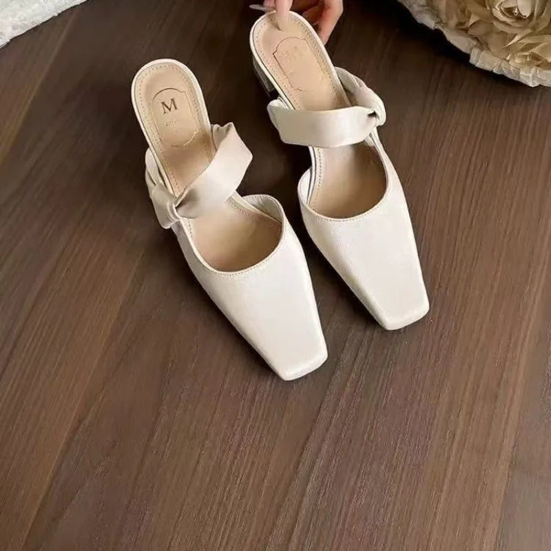 Xajzpa Summers New Style Evening Breeze Baotou Half Slippers French Low Heel Women's Shoes Summer New Thick Heel Slippers Zapatos Mujer
