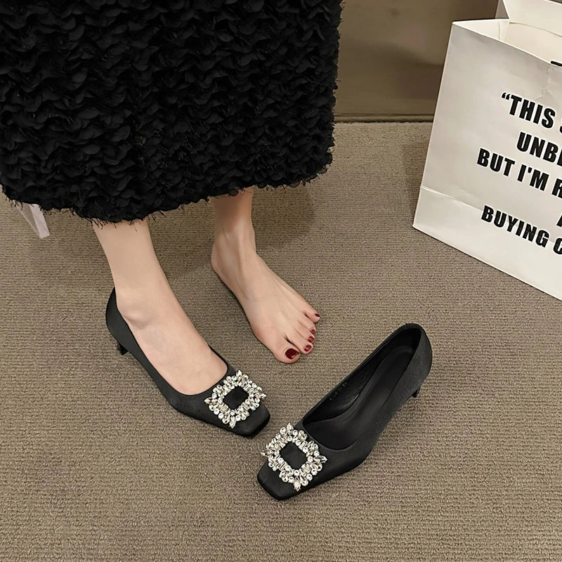 Xajzpa Crystal Shoes Square Toe Sandals Ladies Beige High Heels 2025 Sexy Pump Ornaments African 12cm Retro Latest Crossdressers Dress