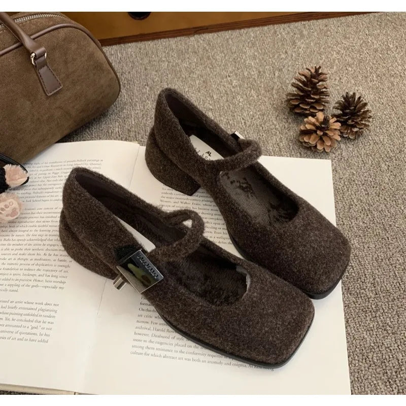 Xajzpa Spring Autumn Women's Luxury Party Shoes Medium Heel Retro Square Toe Velvet Mary Jane Shoes Flat Square Buckle Single Loafers