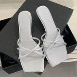 Xajzpa Summer Narrow Band Buckle Strap Slippers Women Square Toe Stiletto Low Heels Slide Mules Party Shoes Zapatos De Mujer