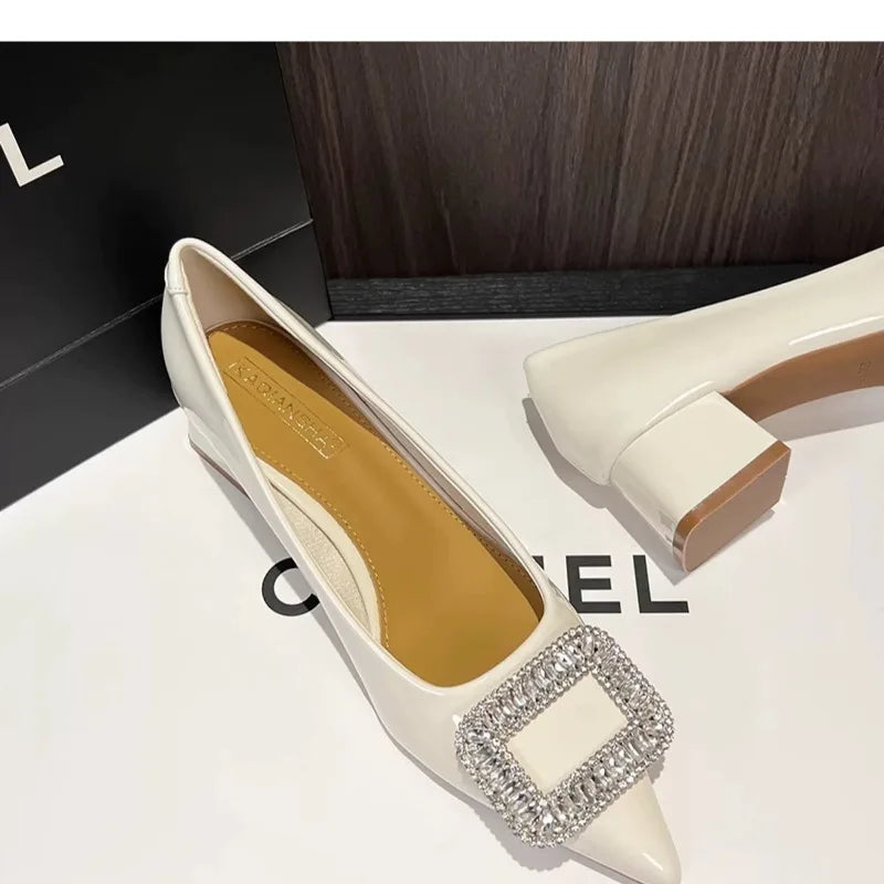 Xajzpa New Style Luxury Women's Fashion Metal Crystal Splice Women Pumps Kitten Thick Heel Elegant Party Ladies Shoes Zapatos De Mujer