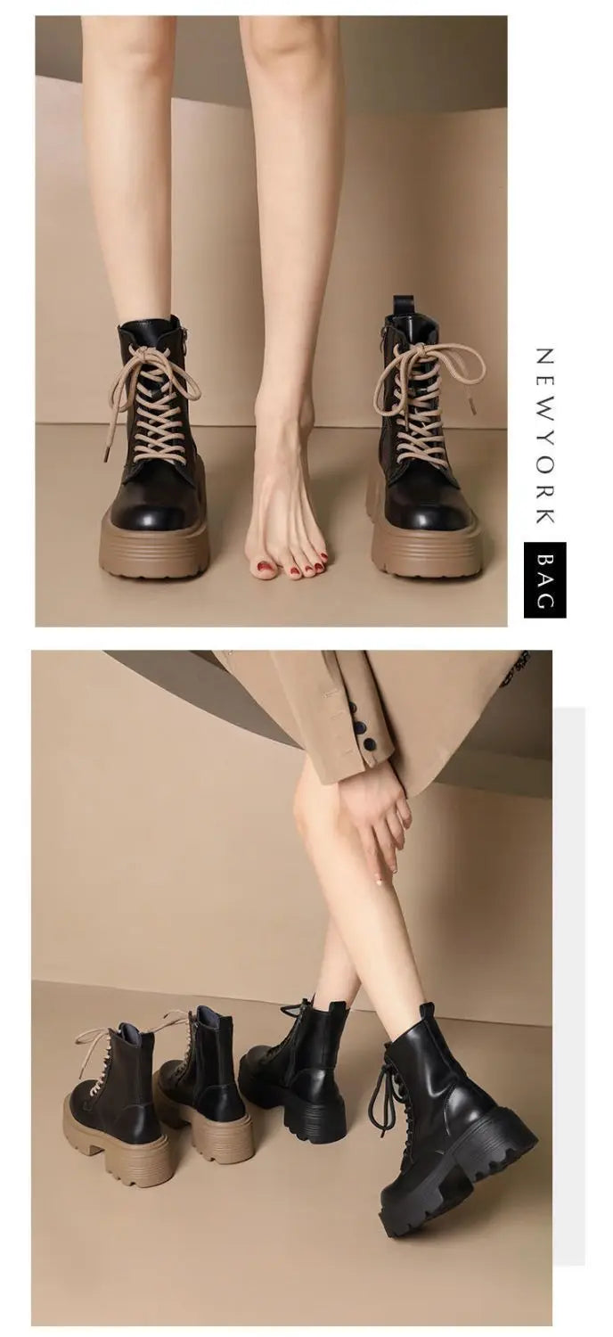Xajzpa British Style Autumn Platform Shoes for Women Fashion Lace Up Round Toe Ankle Boots for Women Chunky Heel Ladies Short Boots