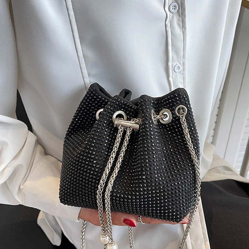 Xajzpa Bright Rhinestone Shoulder Bag Women Chains Crossbody Bag Drawstring Bucket Handbag Luxury Lady Armpit Handbag Daily Totes