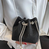 Xajzpa Bright Rhinestone Shoulder Bag Women Chains Crossbody Bag Drawstring Bucket Handbag Luxury Lady Armpit Handbag Daily Totes