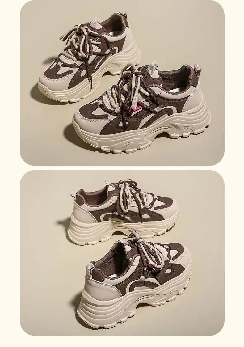 Xajzpa Women's Leather Dad Shoes Spring Autumn Lightweight Cotton Breathable Comfortable Casual Sports Sneakers