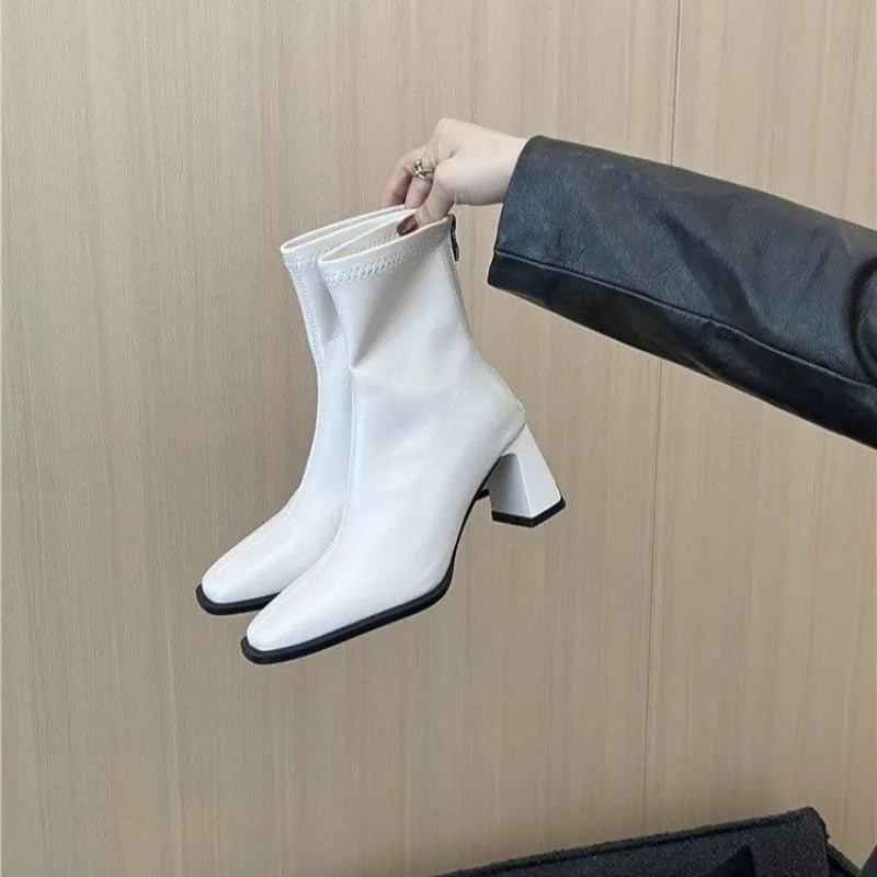 Xajzpa New Style Fashion Women's Autumn Cow Leather Retro Square Toe Zipper High Heels Ankle Boots Square Heel All Match Women Shoes