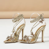 Xajzpa Sexy Crystal Butterfly Narrow Band Ankle Strap Gold Sandals Women Wedding Banquet Shoes Sexy Pointed Toe Stripper Heels
