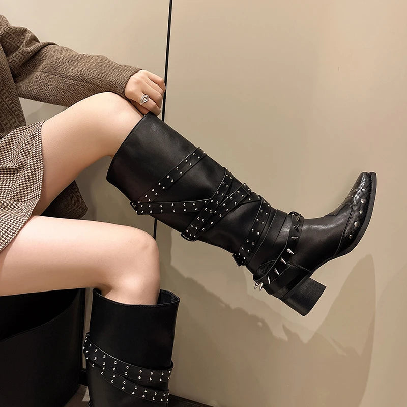 Xajzpa New Style Fashion Women's Designer Vintage Rivet Women Western Cowgirl Boots Autumn Winter Ladies Elegant Knight Long Boots