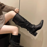 Xajzpa New Style Fashion Women's Designer Vintage Rivet Women Western Cowgirl Boots Autumn Winter Ladies Elegant Knight Long Boots