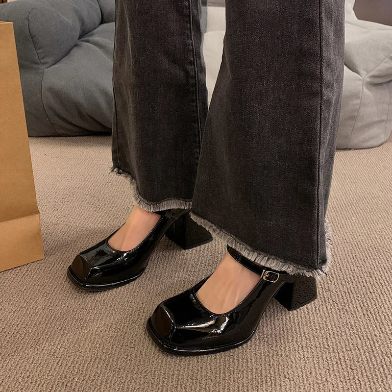 Xajzpa Black Heels For Women Pumps Lolita Shoes Square Toe Sexy Sandals Footwear Chunky Black Beige Mary Jane Crossdressers Africa
