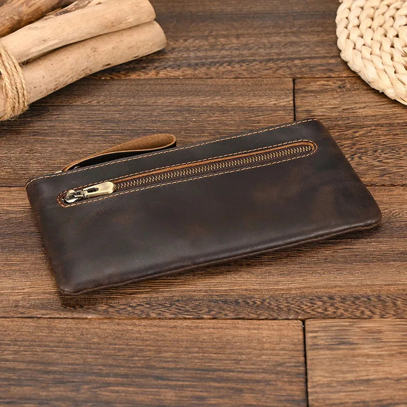 Xajzpa Men Women's Leather Purse Cellphone Pouch Iphone Bag Single Zipper Long Purse Slim Wallet for Coins Man Woman for Card Cash