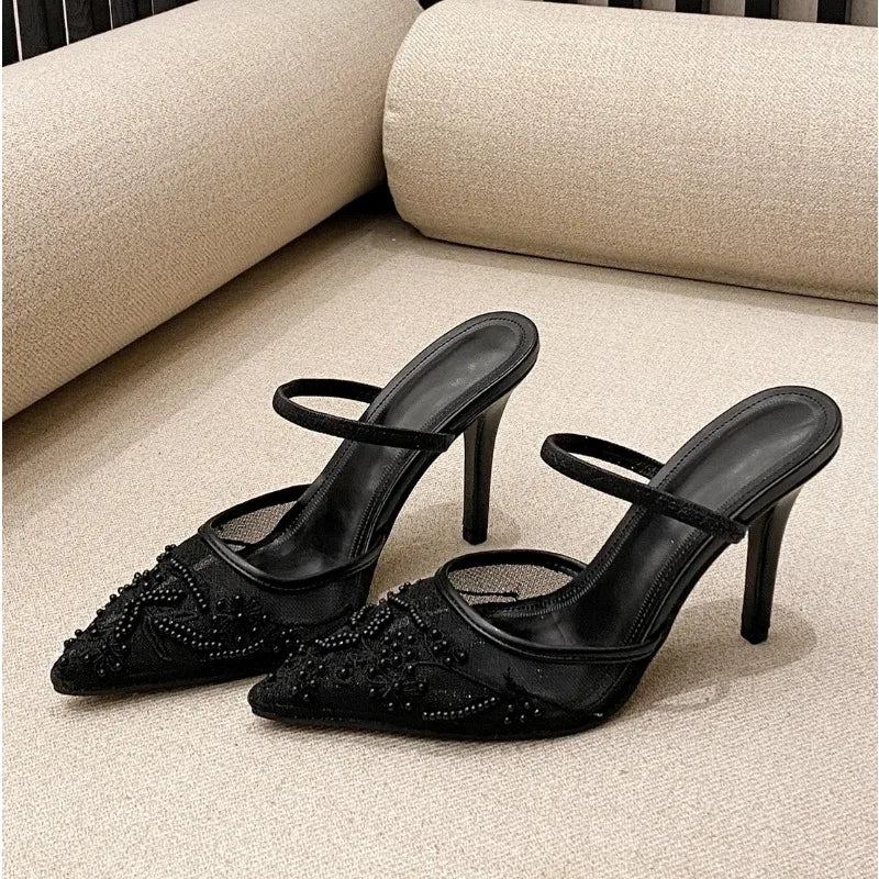 Xajzpa Luxury Brand High Heels Women Sandals Mesh Embroider Elegant Pointed Ladies Slingback Designer Party Wedding Bridal Dress Shoes