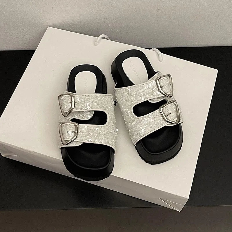 Xajzpa Low Leopard Shoes Slippers Women Summer Big Size Platform Slides Pantofle 2025 PU Fabric Buckle Strap Rome Rubber Hoof Heels