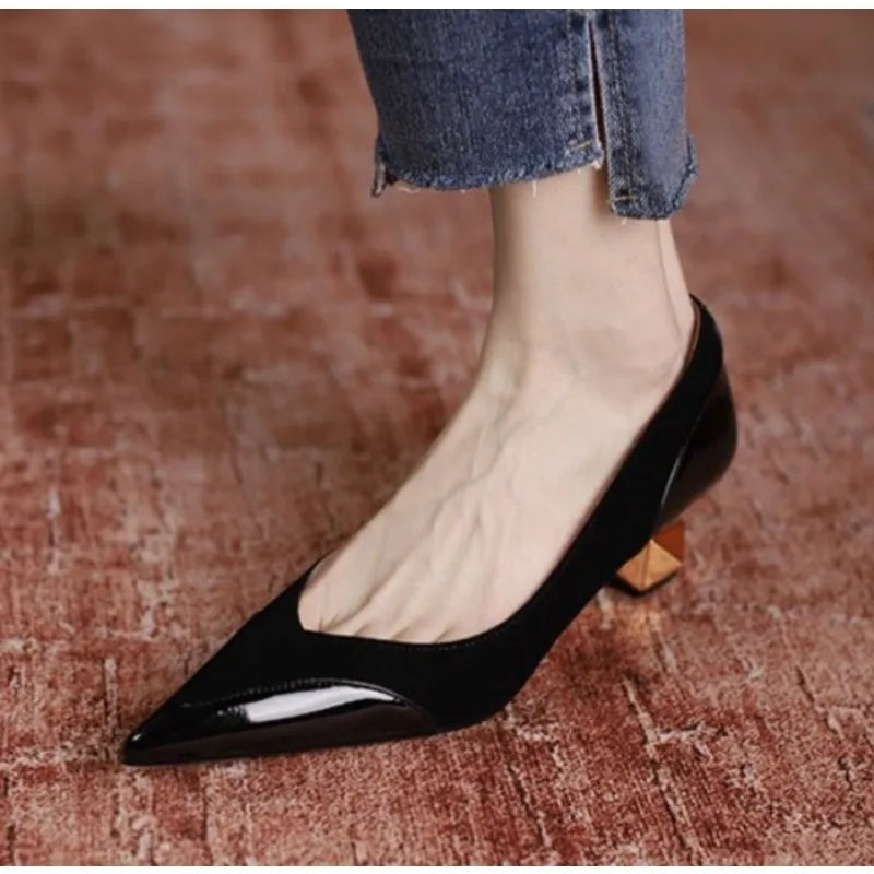 Xajzpa New Style Luxury Women's Fashion Mid Heel Special-shaped Heels Pointed Shallow Single Shoes Lady Leisure Comfortable Work Shoes