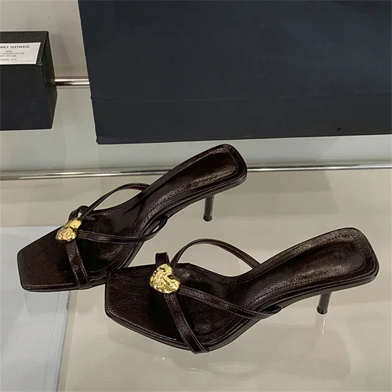 xajzpa Summer Fashion Square Toe Women Slippers Narrow Band Sandals Thin Low Heels Party Female Slide Shoes Zapatos De Mujer