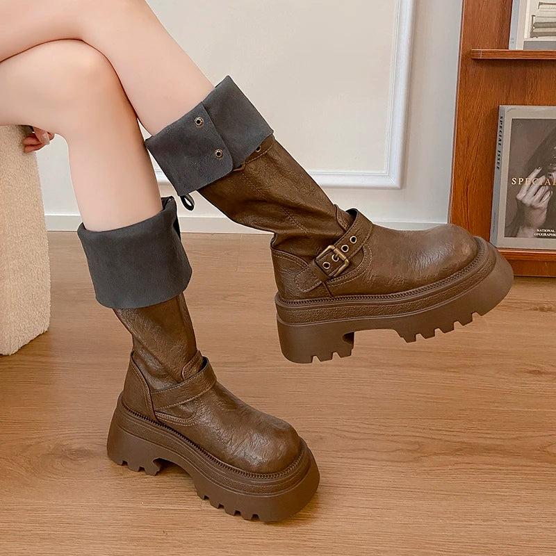 Xajzpa New Women's Shoes Basic Classics Knee-High Boot Women Belt Buckle Side Zip Round Toe Wedge Platform Shoes Ladies Zapatos Mujer